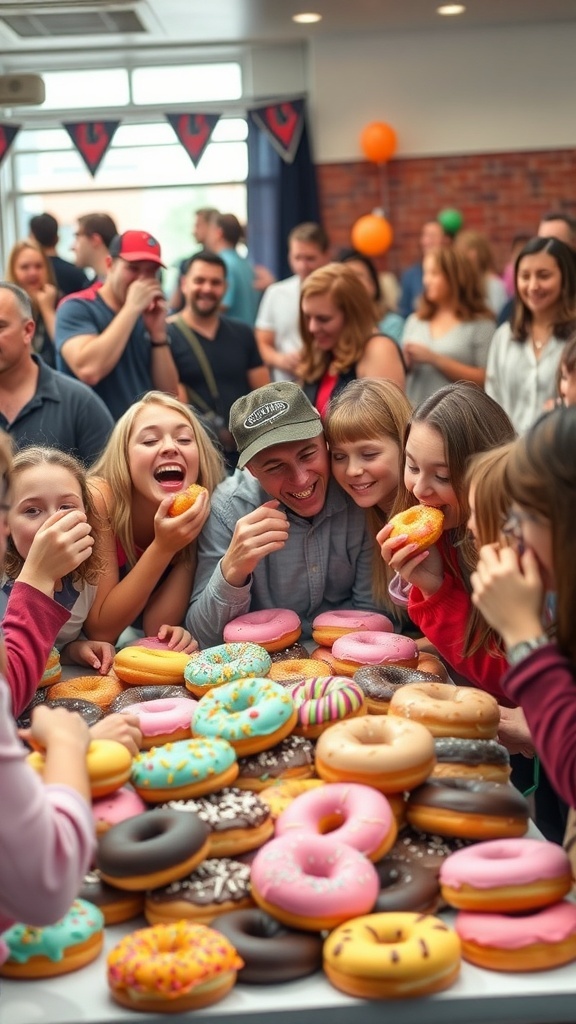 Donut Eating Contest Recipe Participants in a donut eating contest with assorted donuts on a table, capturing the excitement of the event.
